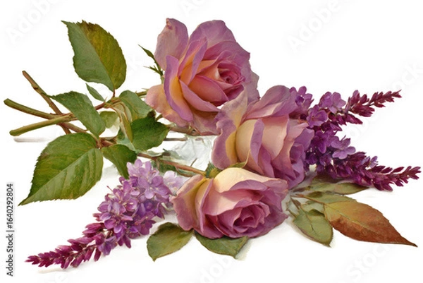 Obraz A beautiful arrangement of lavender and pink roses intertwined with purple flowers, set against a clean background, ideal for floral-themed designs or romantic occasions