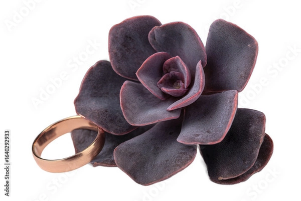 Obraz A beautifully crafted succulent flower in shades of purple and pink, elegantly paired with a rose gold ring, set against a clean white background, ideal for jewelry or floral design showcases