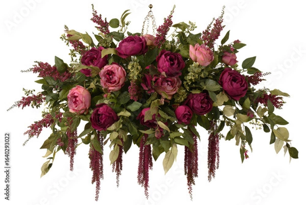 Obraz A vibrant floral arrangement featuring deep pink roses, lush greenery, and delicate accents, perfect for enhancing event decor or as a centerpiece in a bright, inviting space