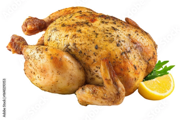 Obraz A perfectly roasted chicken garnished with fresh herbs and a slice of lemon, presented on a clean surface, ideal for culinary displays or food-related content