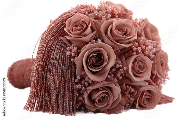 Obraz A beautifully arranged bouquet of dusty rose artificial roses with delicate embellishments, set against a white background, perfect for wedding decor or special occasions