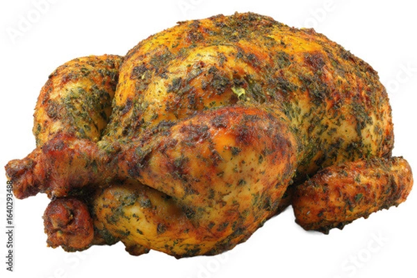 Obraz A beautifully roasted chicken seasoned with herbs and spices, presented on a clean surface, showcasing its golden-brown skin and juicy texture, ideal for culinary presentations