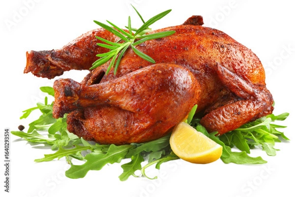 Obraz A beautifully roasted chicken garnished with fresh herbs and lemon slices, resting on a bed of arugula, showcasing a delicious meal perfect for gatherings or festive occasions