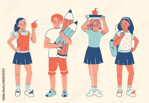 Fototapeta Diverse student group with school supplies. Flat style clipart. Isolated vector elements