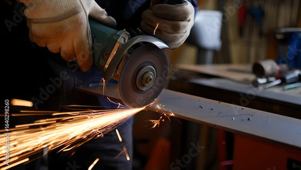 Fototapeta Craftsman's Hands: Using a Powerful Angle Grinder to Shape a Piece of Metal.