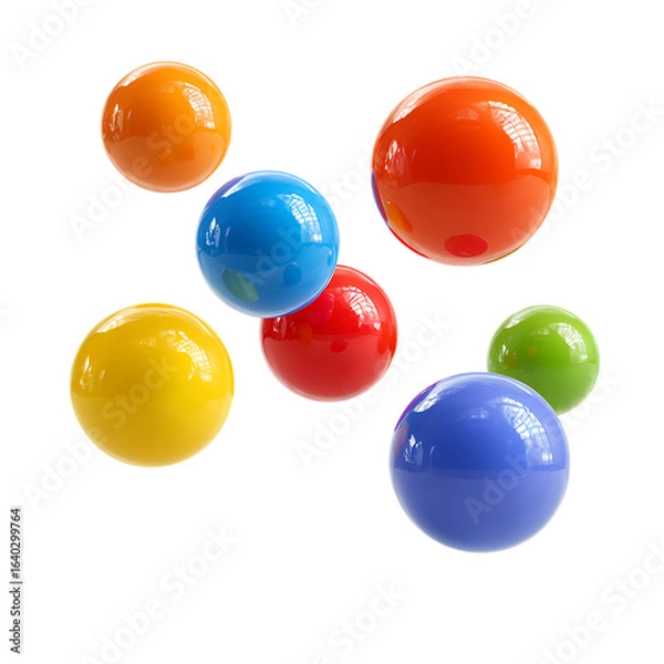 Fototapeta Colorful floating spheres in blue, orange, pink on transparent background.