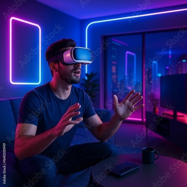Fototapeta Man using VR headset in neon-lit living room with futuristic ambience