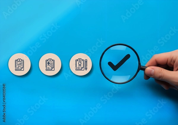 Obraz Hand holding magnifying glass over checkmark for audit approval process and compliance review