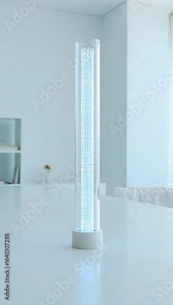 Obraz Modern minimalist glass table lamp with glowing blue digital skyscraper design, serene contemporary interior.
