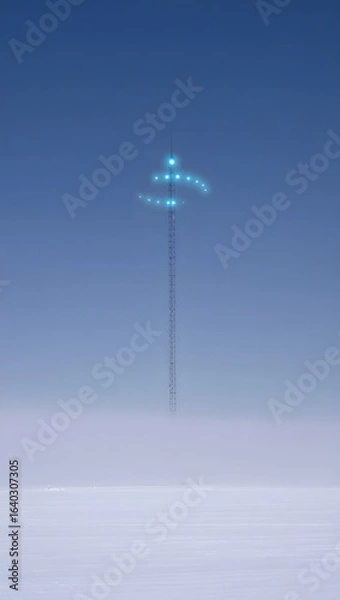 Obraz Ethereal Arctic Communication Tower:  Illuminated Mast in Snowy Wasteland, Minimalist Blue Hour Landscape.