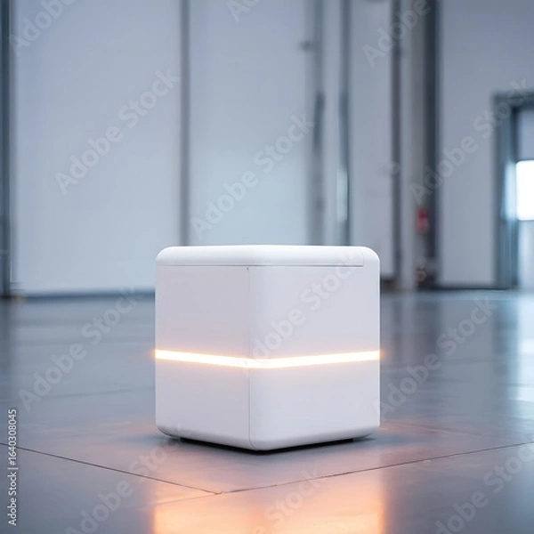 Obraz Modern White Cube Robot in Industrial Setting, Illuminated Base, Futuristic Technology Concept