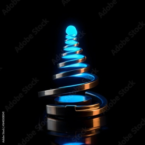 Obraz Abstract Spiral Christmas Tree: Futuristic, Blue Neon, Metallic Design, Dark Background.