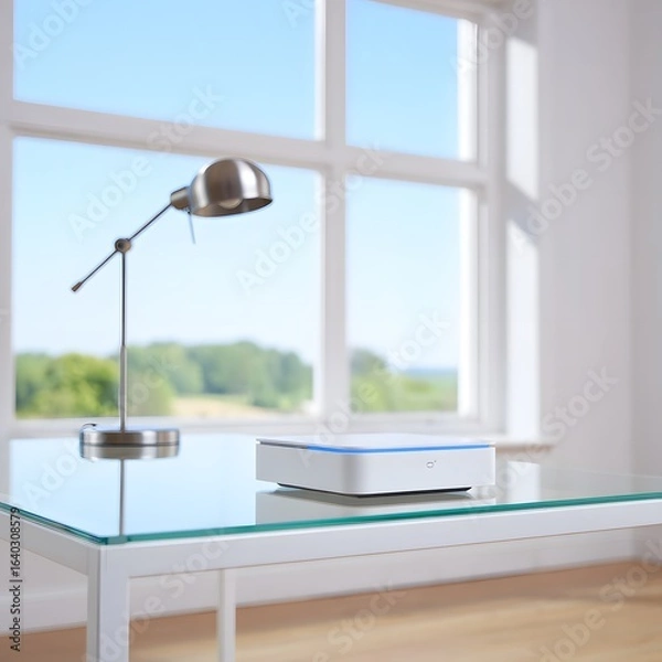 Obraz Modern Smart Home Device on Glass Desk, Bright Minimalist Office, Serene View.