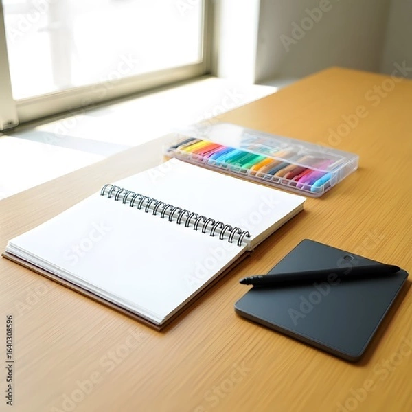 Obraz Modern Workspace: Blank Spiral Notebook, Graphic Tablet, Colorful Pens, Natural Light