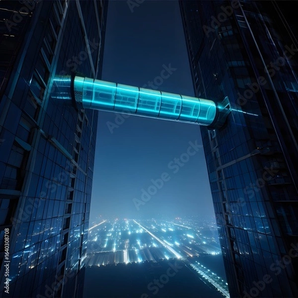 Obraz Futuristic glass bridge connecting skyscrapers at night; illuminated walkway, city lights below, modern architecture.