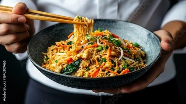 Fototapeta Delicious Asian Noodles with Fresh Vegetables and Chicken, Served in a Dark Bowl with Chopsticks in Hands
