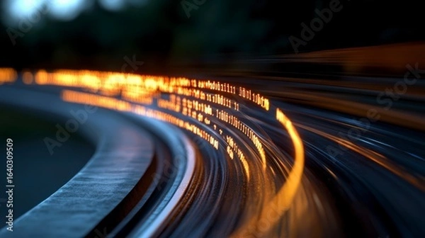 Fototapeta Abstract futuristic light trails on a curved surface showcasing vibrant colors and digital data in motion