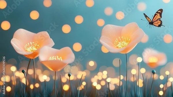 Fototapeta Delicate Flowers with Soft Light and Butterfly in Dreamy Nature Background