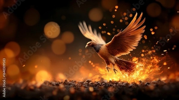 Fototapeta Majestic bird taking flight amidst fiery orange and gold sparks in an artistic visual display of nature's power