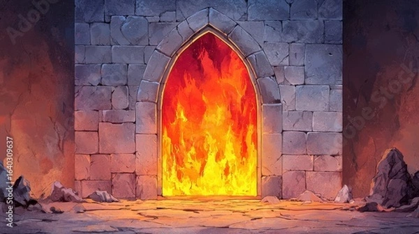 Fototapeta Fiery Entrance to a Mysterious Dungeon with Stone Walls and Eerie Ambiance in an Epic Fantasy Setting