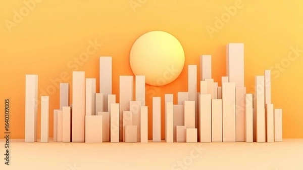 Fototapeta Abstract urban landscape with geometric shapes against a warm sunset in a minimalistic style