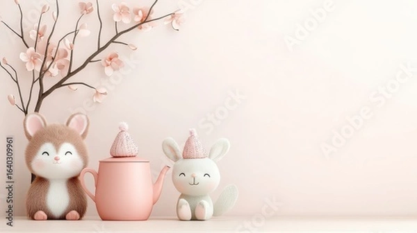 Fototapeta Cute plush bunny and cozy rabbit figurine with pink teapot and cherry blossoms in soft pastel colors