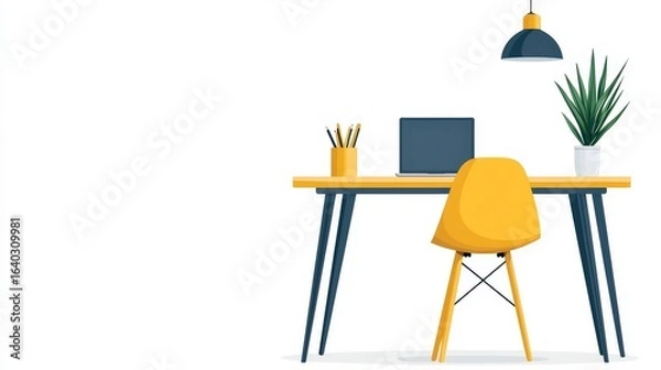 Fototapeta Bright and Modern Workspace with Yellow Chair and Laptop on Desk Surrounded by a Plant and Stationery