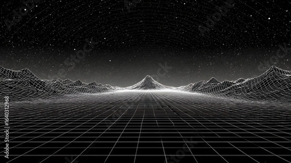 Fototapeta Black and white image of a gridded landscape with mountains in the background