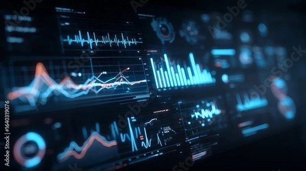 Obraz Futuristic data visualization with vibrant graphs and digital statistics.