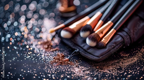 Fototapeta Open Makeup Bag with Brushes on a Sparkling Black Glitter Backdrop