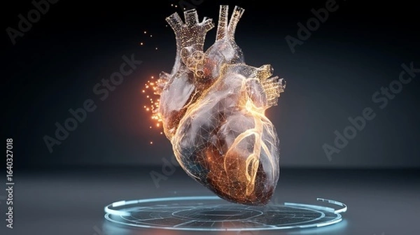 Fototapeta A mesmerizing digital heart model illuminated with glowing particles against a dark background.