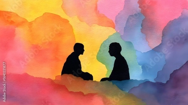 Fototapeta Colorful Rainbow Watercolor Painting of Two People, Generative AI