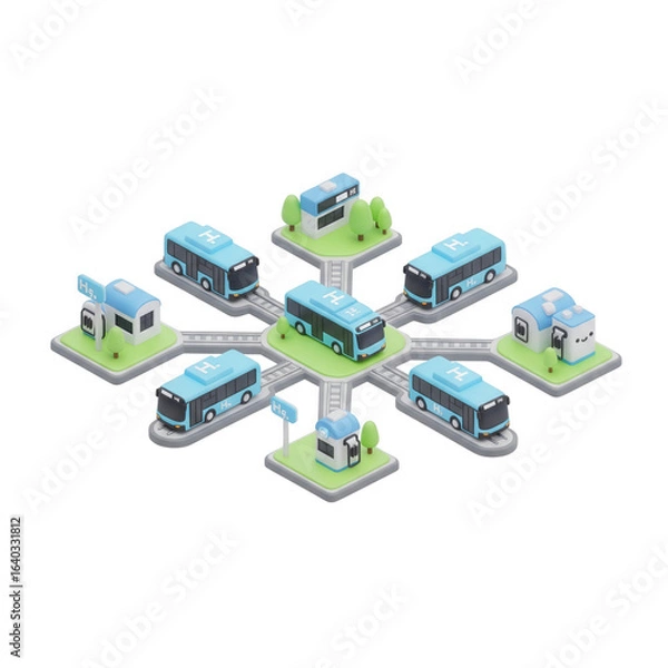 Obraz Buses And Buildings Connected By Roads On A Transparent Background Network Concept