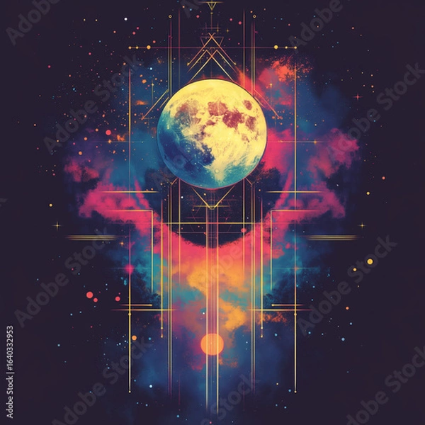 Obraz Abstract_Tarot_card_design_of_The_Moon, Futuristic tarot concept with energy points