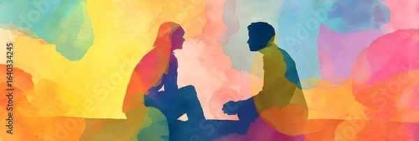Fototapeta Colorful Rainbow Watercolor Painting of Two People, Generative AI