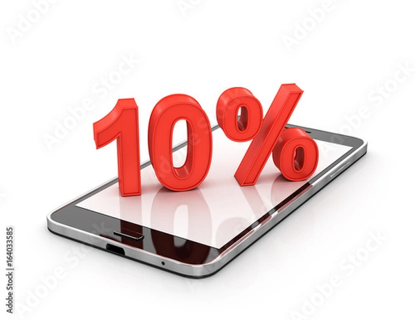 Obraz  Мобильный телефон или смартфон с процентной скидкой на экране. 3D иллюстрация