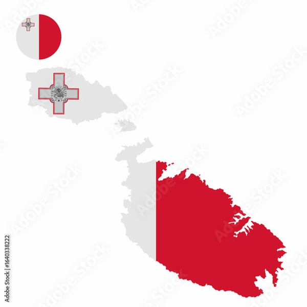 Fototapeta Vector set of Malta high detailed map flag and national flag round badge isolated on white background.