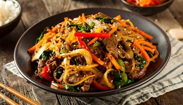 Fototapeta Savory Japchae Noodles with Beef and Vegetables in an Appetizing Still Life, Korean Cuisine Japchae with Stir-Fried Beef, Vegetables, and Glass Noodles