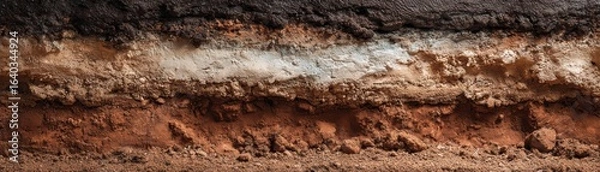 Fototapeta A layered cross-section of soil showcasing various textures and colors of earth, including rich brown, gray, and dark layers.