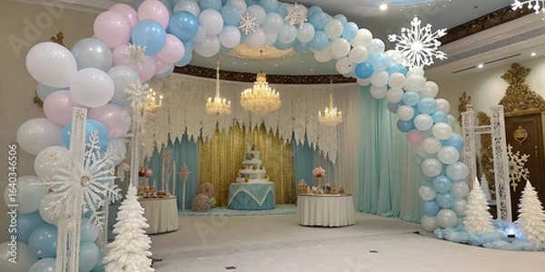 Obraz Elegant Frozen-inspired party with pastel icy balloons, lace-like snowflake garlands, and a shimmering gold-and-silver backdrop, inside a royal ice palace hall, ultra-HD.
