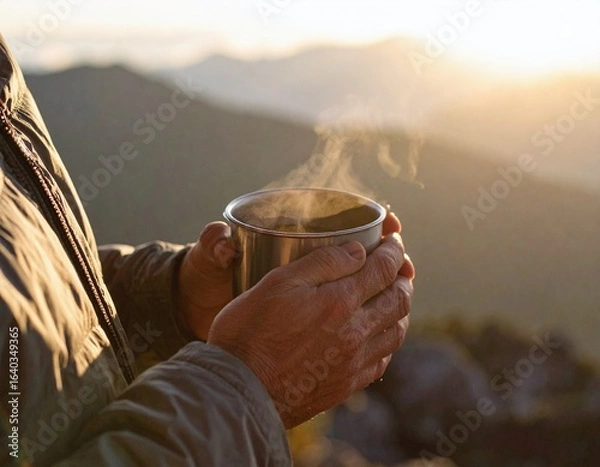 Obraz 温かいコーヒーを飲みながら朝日を楽しむ男性