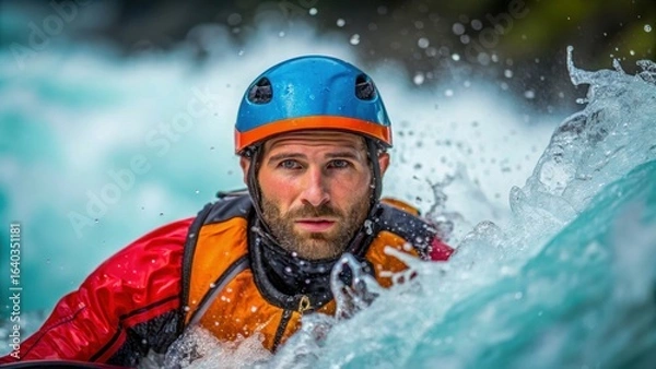 Fototapeta Determined kayaker navigates turbulent waters in alpine region showcasing skill and bravery