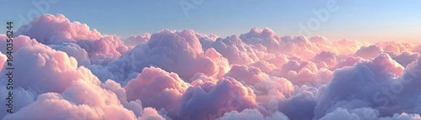 Fototapeta Puffy puffiness with circles and look concept. Soft pink clouds illuminated by morning light in the sky.