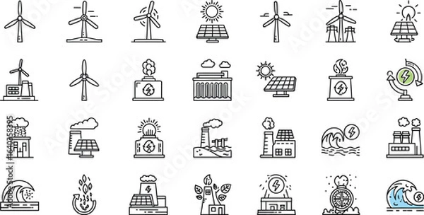 Fototapeta Collection of thirty renewable energy icons in outline style, showcasing various sources such as wind, solar, and water for sustainable power generation