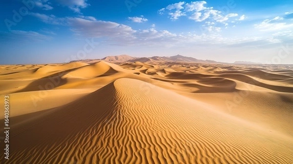 Obraz Aerial perspective of a remote desert, tall sand dunes sculpted by the wind, their shadows forming dark, dramatic contrasts on the sunlit sand