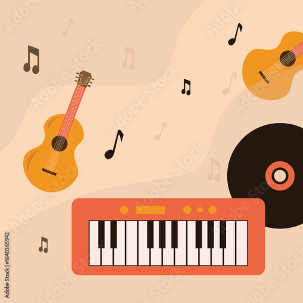 Fototapeta Poster Guitar keyboard record and floating music notes.