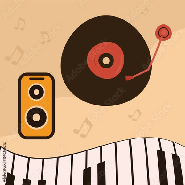 Fototapeta Poster Speaker a record player and piano keys art.