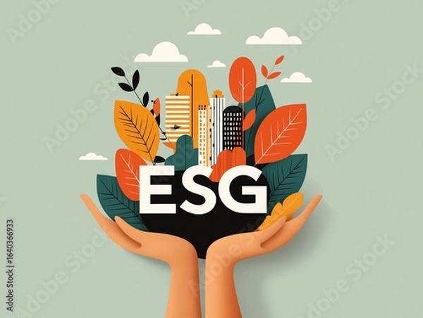Fototapeta An artistic depiction of Environmental, Social, and Governance (ESG) principles being carefully nurtured within cupped hands, symbolizing sustainability and responsible.Generative ai illustration