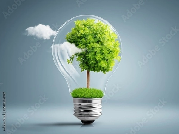 Fototapeta Eco-Consciousness: A single, vibrant tree flourishes within a light bulb, representing the fusion of nature and sustainable energy. Generative ai illustration