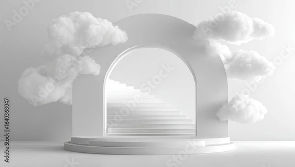 Obraz White archway stairs, clouds, platform; product display, dreamlike setting